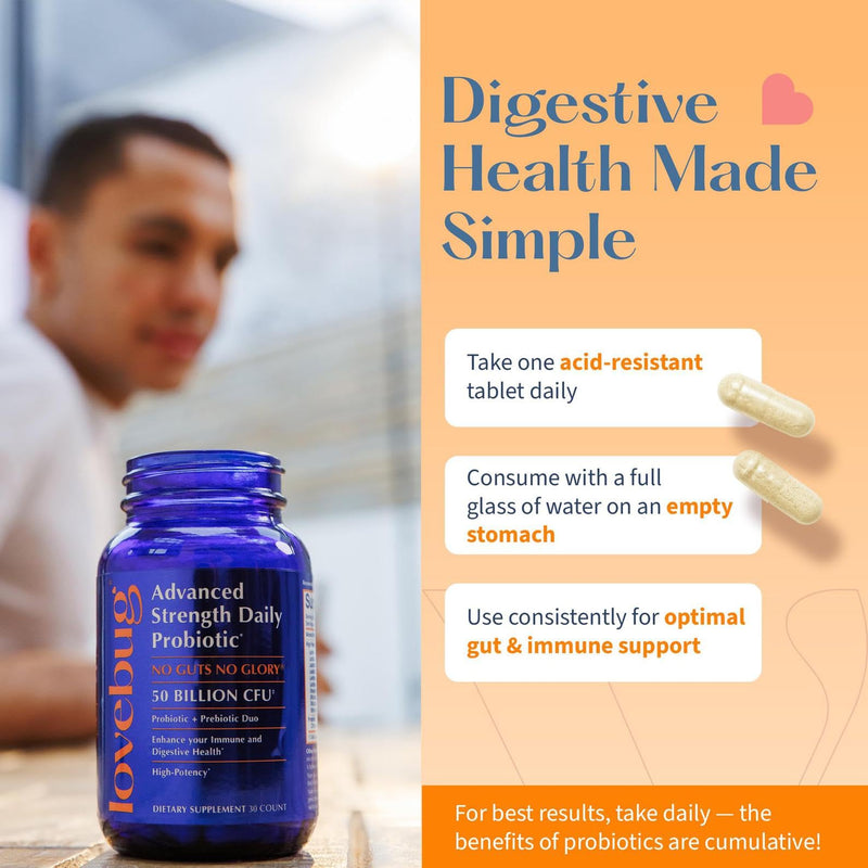 Lovebug Probiotics for Gut Health - 30 Billion CFU Formula with Prebiotic - 10 Strain Lactobacillus & Bifidobacterium Bio Culture Complex - Advanced Strength to Support Daily Gut Flora- 1 Month Supply