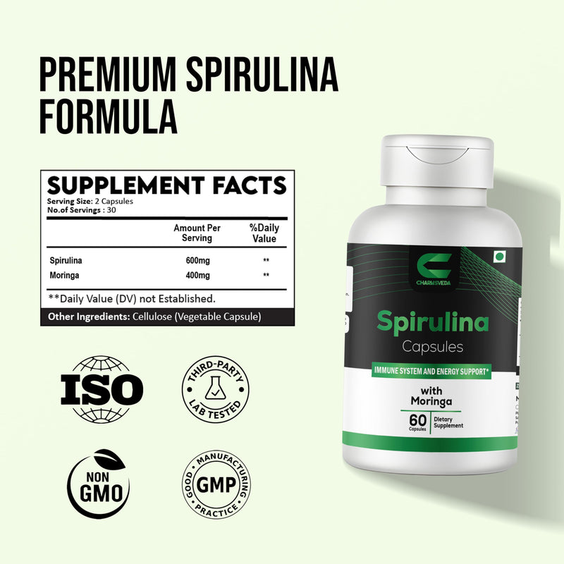 Spirulina Capsules with Moringa | Superfood Supplement for Energy, Immune Support & Daily Wellness | 60 Vegan Capsules