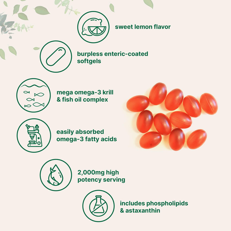 [Australia] - Mega Omega-3 Krill & Fish Oil 2,000mg Equivalent, 240 Softgels | Lemon Flavored | Burpless | Essential Fatty Acids & Astaxanthin | EPA 350mg + DHA 230mg | Heart & Brain Supplement 