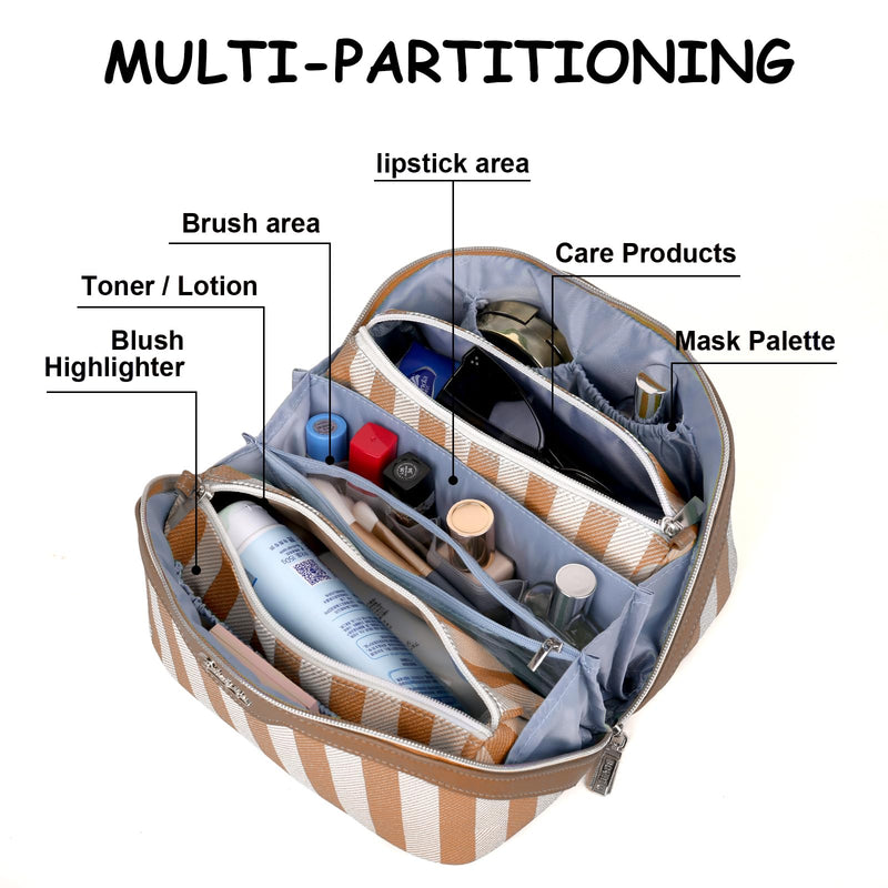 BOYATU Travel Makeup Bag for Women: Large Cosmetic Bag Set of 3 - PU Leather Make up Bag with Compartments - Compact Waterproof Toiletry Bag with Divider & Handle (B-8-Khaki)
