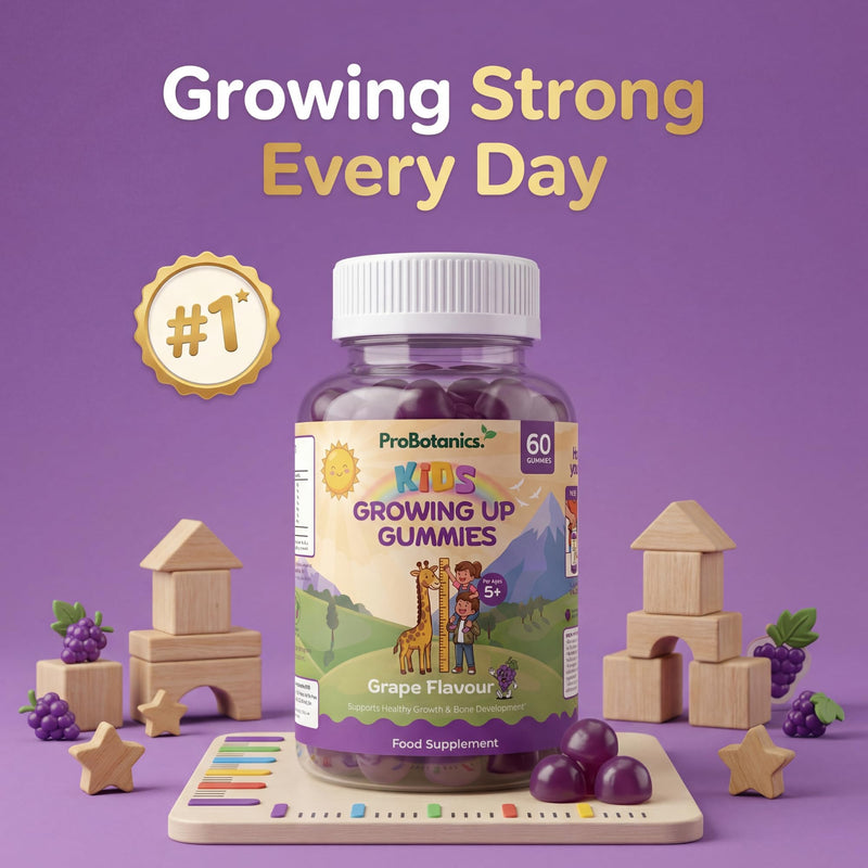 Kids Growth Gummies – Calcium, Vitamin D3 & K2 for Normal Bone Growth & Development in Children | 60 Vegan Grape Chews with Zinc, Astragalus & Collagen | Growing-Up Multivitamin, Ages 5+