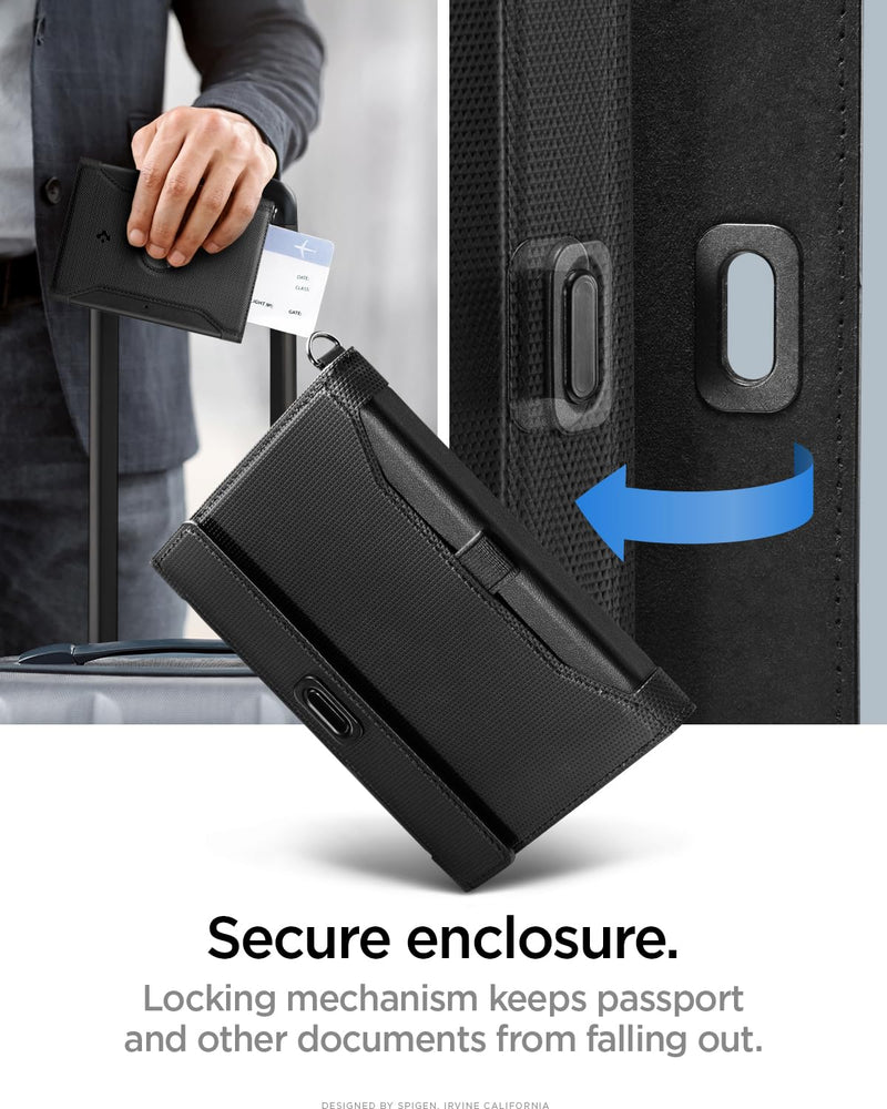 Spigen Life Passport Card Cover Holder, RFID Blocking | Travel Document Organizer, SIM Card Pin Included - Black Black - with AirTag Holder