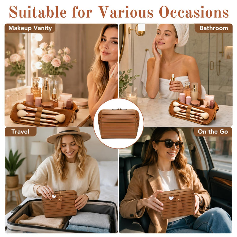 27-Pocket Travel Makeup Bag, Foldable Cosmetic Organizer, Brown | 27 pockets, 3 brush slots, adjustable dividers, waterproof PVC, foldable standing, parallel design, for travel home gym