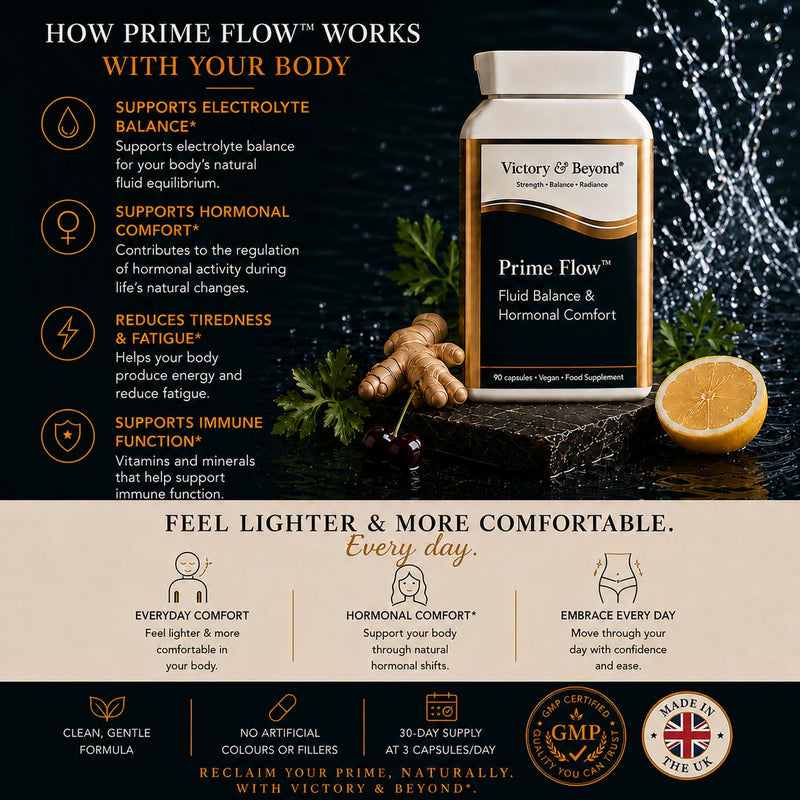 Victory & Beyond Prime Flow Fluid Balance Supplement for Women | Magnesium, Vitamin B6 & Botanical Blend | Women's Wellness & Hormonal Comfort Support | Vegan Food Supplement | 90 Capsules