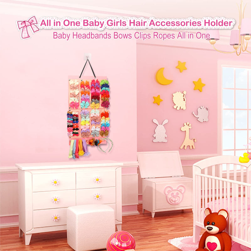 [Australia] - Vimiv Hair Bows Holder w/Large Capacity, Hair Clips Storage Hanger w/16 Ribbons, Hair Bows Organizer, Baby Accessory Display w/Sturdy Rope, Wall Hanging for Girl Room, Nursery Decors Adorable Pink 