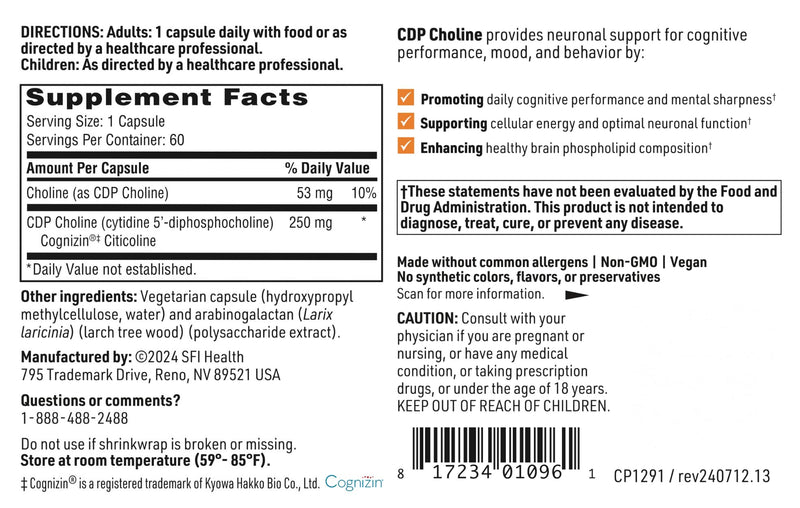 Klaire Labs SFI Health CDP Choline 250mg - Soy-Free Choline Supplements - Cognizin Citicoline to Help Support Memory, Focus & Attention - Bioavailable Active Form, Hypoallergenic (60 Capsules)