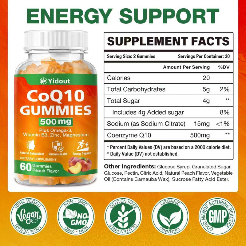 CoQ10 500MG Gummies, Heart Support Coenzyme Q10 Supplement, Peach 120 Count 60 Count (Pack of 2)