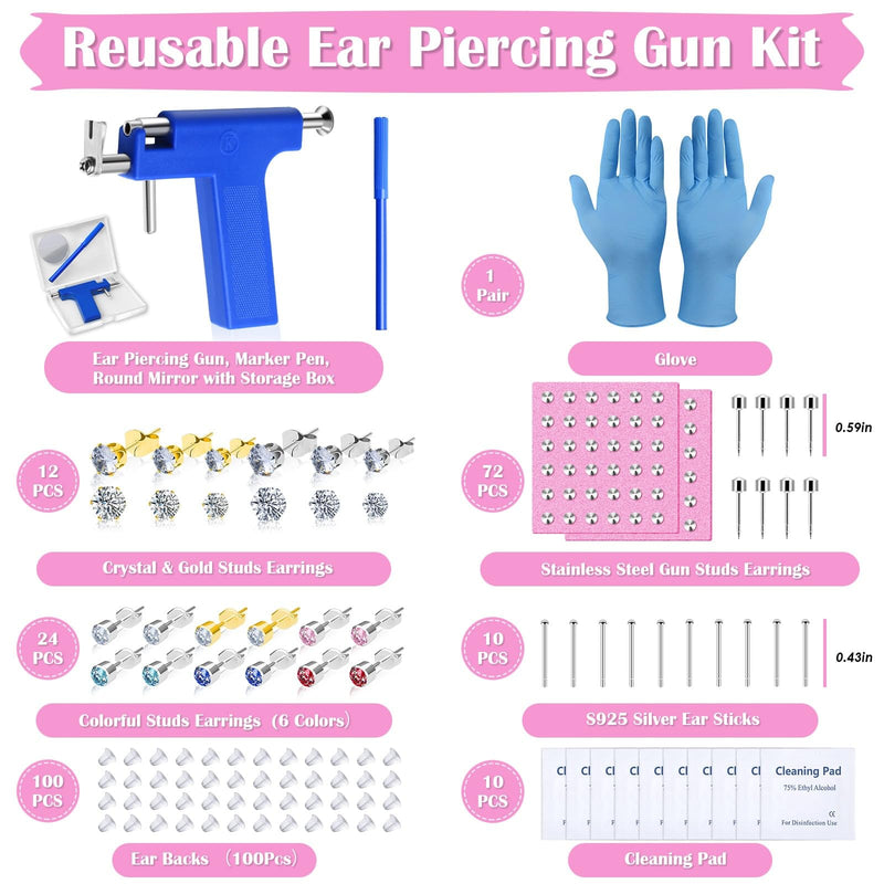 [Australia] - Ear Piercing Gun Kit, Reusable Ear Nose Piercing Gun Machine with Stainless Steel Piercing Earrings Studs, Crystal Earrings for At Home Salon Earlobe Cartilage Helix Tragus Piercing Tool Set Blue 