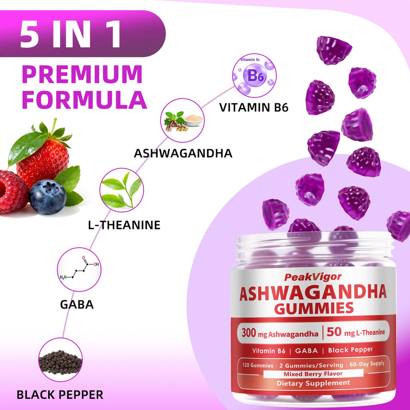 3000mg Organic Ashwagandha Gummies, 5-IN-1 Ashwagandha Supplements, Anxiety Gummies with Vitamin B6 & L-Theanine & GABA & Black Pepper, Ashwagandha for Women & Men - Calming & Relax, 120 Gummies