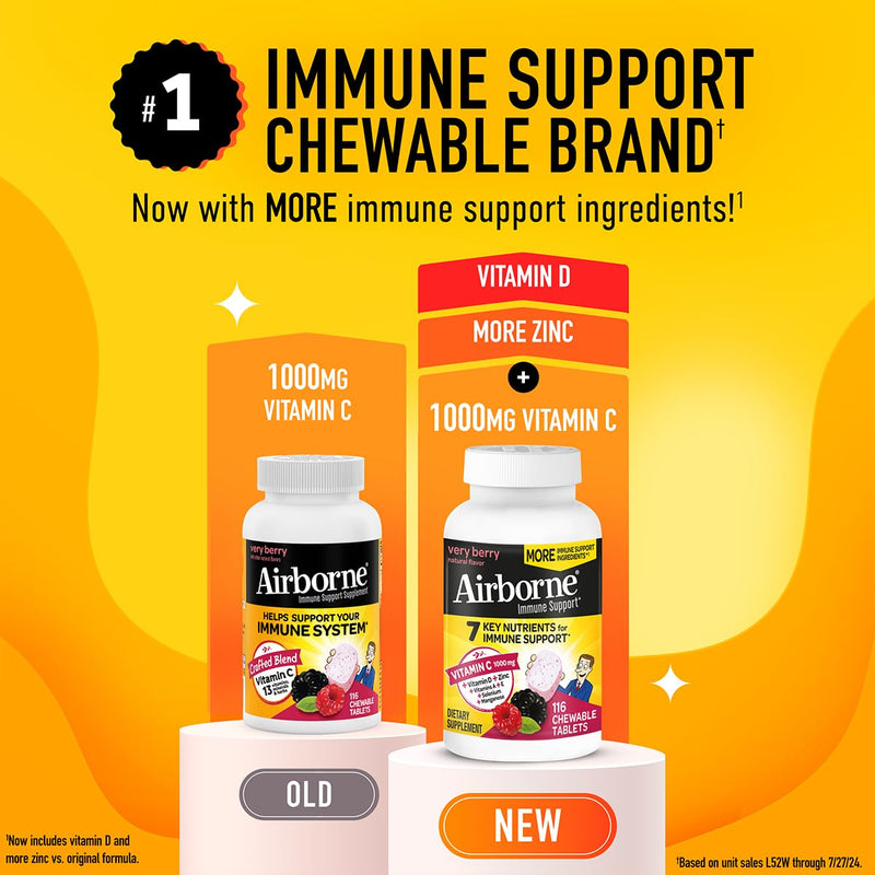 [Australia] - Airborne 1000mg Vitamin C + Zinc Immune Support Supplement Chewable Tablets, Very Berry Flavor with Powerful Antioxidants Vitamins A C & E, 116 Chewable Tablets (2 Pack) 116 Count (Pack of 2) 