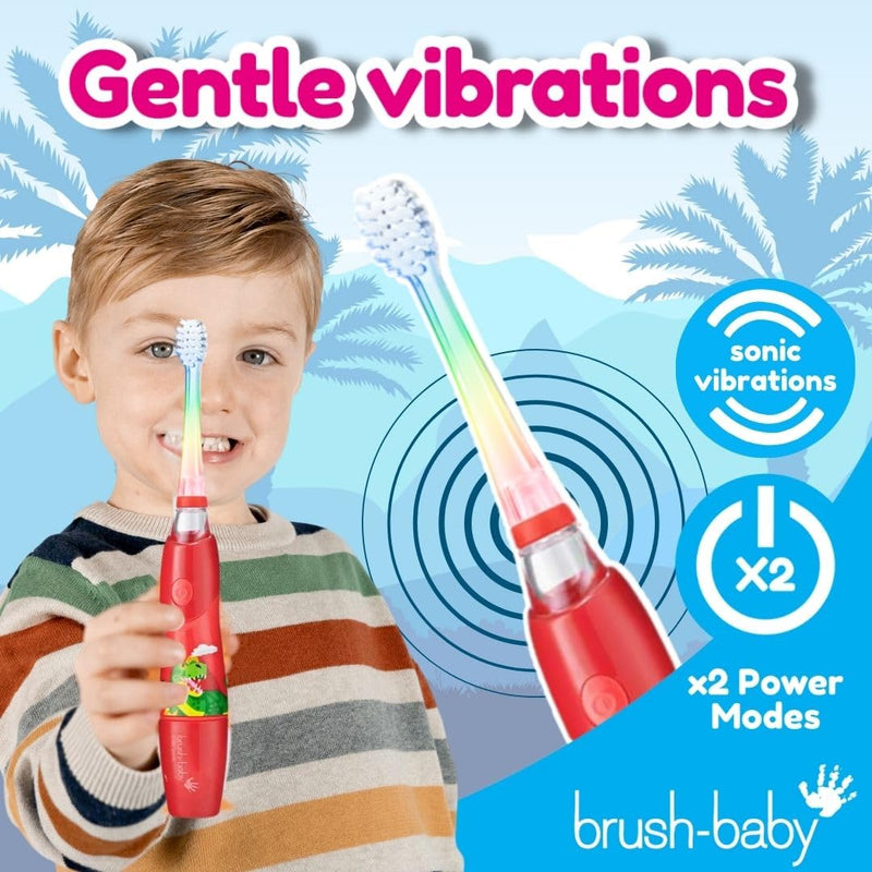 [Australia] - brush-baby KidzSonic Toddler and Kid Electric Toothbrush for Ages 3+ Years - Disco Lights, Gentle Vibration, and Smart Timer Provide a Fun Brushing Experience - 2 Brush Heads Included - Dinosaur 