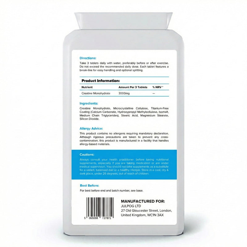 BLUE POWER Creatine Monohydrate Tablets 3000mg (3g) - 90 Tablets (30 Day Supply) - Small Scored Tablets, Titanium-Free Coating, Food Supplement