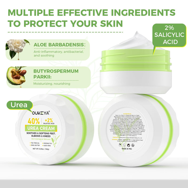 OUKEYA 40% Urea Foot Cream Salicylic Acid Tea Tree Oil Cracked Dry Skin | Ceramides Nourish Feet Hands Elbows Knees 150G 5.29 Ounce (Pack of 1)
