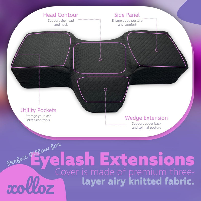 [Australia] - Lash Pillow for Eyelash Extensions - Curved Memory Foam Bed Pillow, Ergonomic Head Rest with Neck Support, Side Pockets for Tools, Fits Lash Beds for Tech – Black 