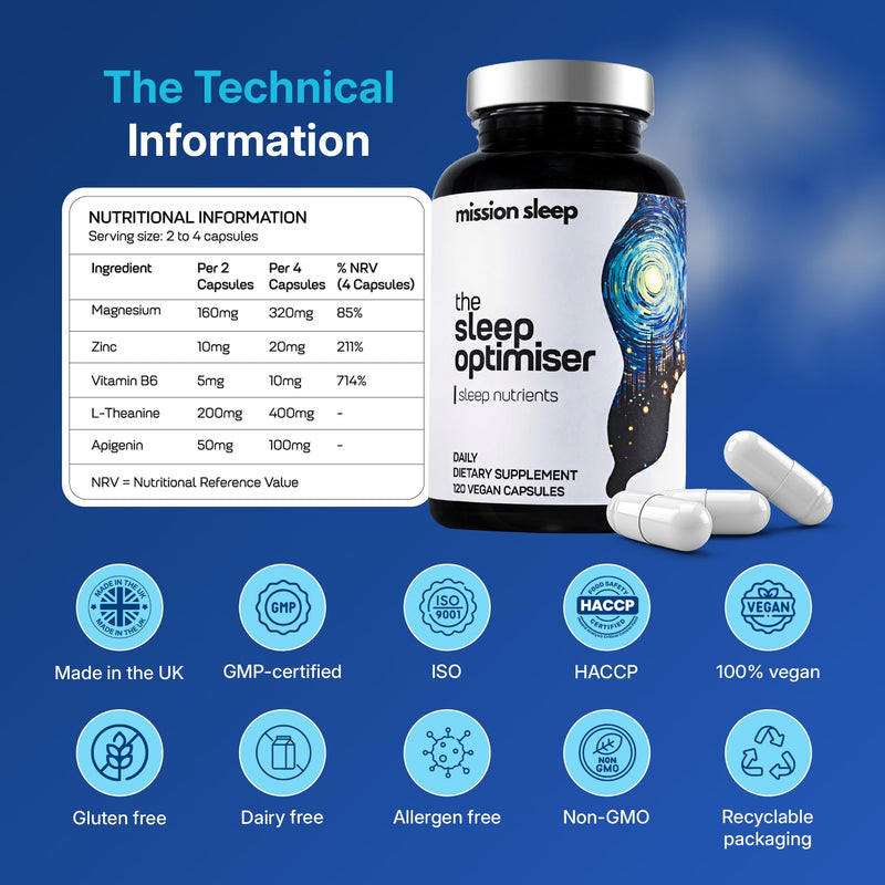 The Sleep Optimiser Sleeping Capsules - Non Melatonin Tablets Sleep Supplement for Adults with Magnesium Glycinate, L Theanine, Apigenin & Zinc - Nutrient-Based Sleeping Aid Suitable for Long Term Use