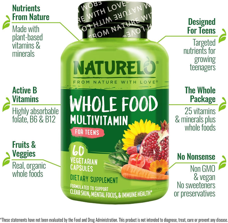 NATURELO Multivitamins for Teenage Girls/Boys, 60 Capsules, Whole Food Multivitamin with Minerals, Non-GMO, Vegetarian 60 Count (Pack of 1)
