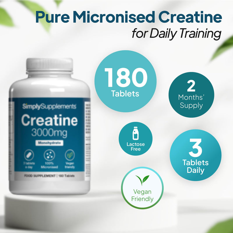 Creatine Monohydrate 3000mg | Support Strength, Muscle Power & Performance | 100% Micronised & Fast Absorbing | Vegan & Vegetarian Friendly | 180 Tablets = 2 Months’ Supply | Made in the UK