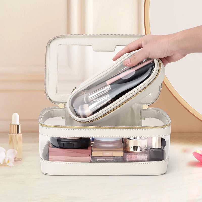 Soimeat Travel Clear Makeup Bag with Makeup Brush Bag, Leather Makeup Case Toiletry Bag, Portable Cosmetic Bag Case, Transparent Waterproof Cosmetic Organizer Storage Bag for Women,