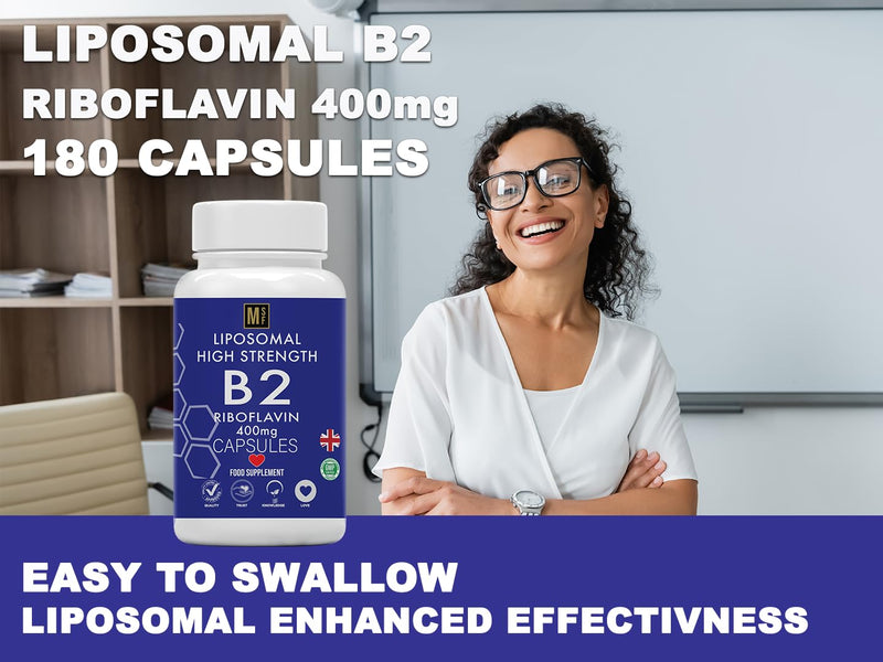 Vitamin B2 Riboflavin | 400mg Migraine Support 180 Capsules | 6 Months Supply | Vegan, High Strength Riboflavin Supplement | Liposomal Delivery for Maximum Absorption | Non-GMO | UK Company