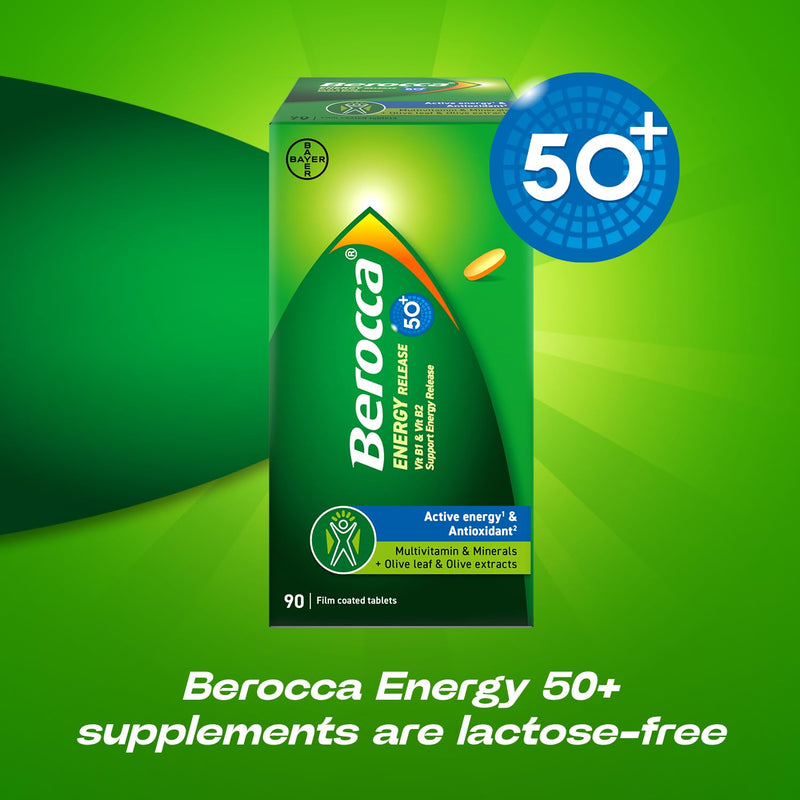 Berocca 50+ Multivitamin & Mineral Tablets with Olive Leaf Extract - 13 Vitamins & 9 Minerals - 90 Film-Coated Tablets