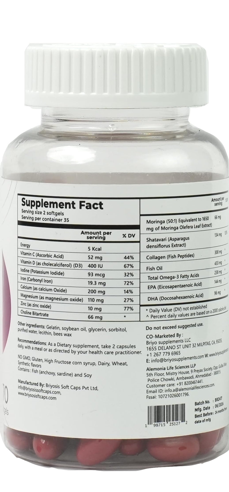 Briyo All Around Mom - Complete Postnatal Formula with - Omega 3, Collagen, Choline, Shatavari, Moringa, Vitamins, Minerals - Supports Recovery, Energy, Lactation, Mood - 60 Softgels