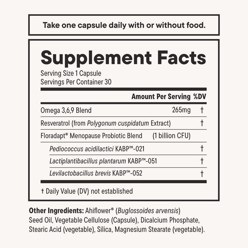 [Australia] - Daily Nouri Menopause Probiotic | Supports Hormonal Balance, Estrogen, Hot Flashes, Night Sweats, Bloating & Gut Health | 3 Clinically Studied Strains + Resveratrol & Vegan Omega Oil | 30-Day Supply 30 Count (Pack of 1) 