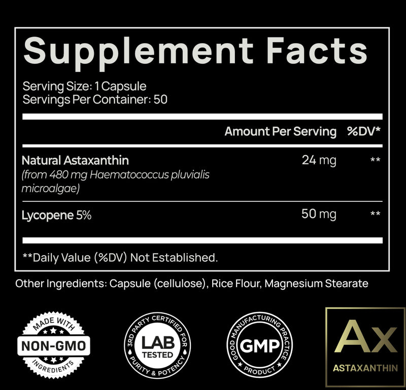 [Australia] - Astaxanthin 24mg + Lycopene 50mg - Clinical Strength Formula w. High Dose Lycopene 5% and 100% Natural Astaxanthin Supplements from MicroAlgae - Powerful Carotenoids Skin Supplement & Antioxidants 
