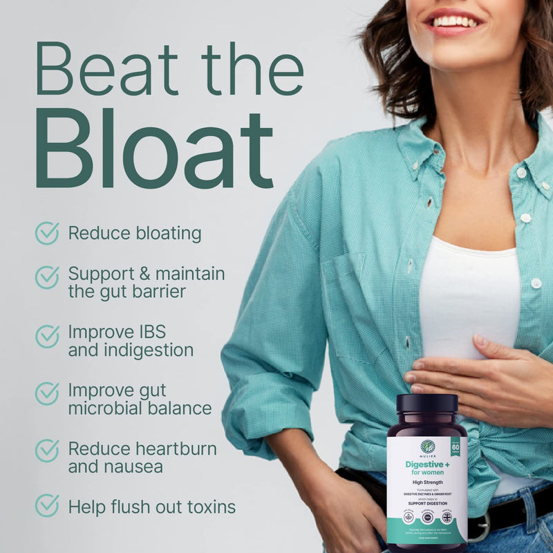 Mulier Menopause Bloating Relief, Digestive Enzyme Supplement, 10 Active Ingredients + Digestive Enzymes, Allergen Free & Vegan Friendly, 1 Month Supply, 60 Count, Gut Health