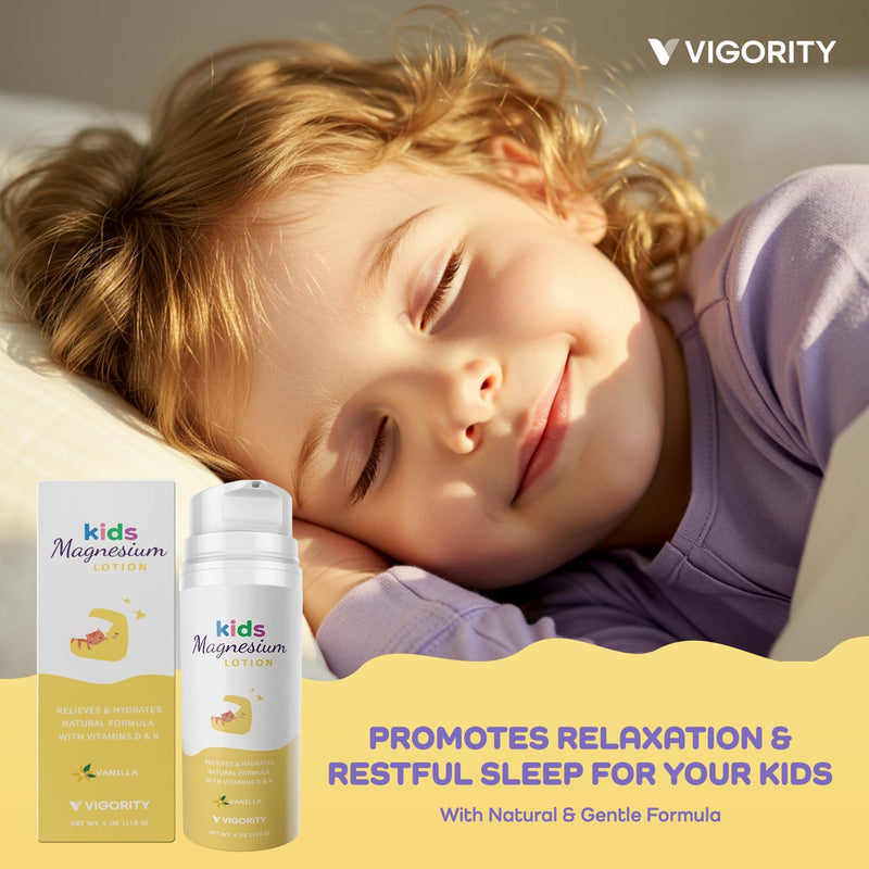 Vigority Magnesium Lotion for Kids & Babies Sleep - Bedtime Body Cream with Vanilla, Multi Vitamins & Botanical Extracts – Soothing Topical Magnesium for Relaxation, Calming & Soothing Relief 4 Fl Oz (Pack of 1)