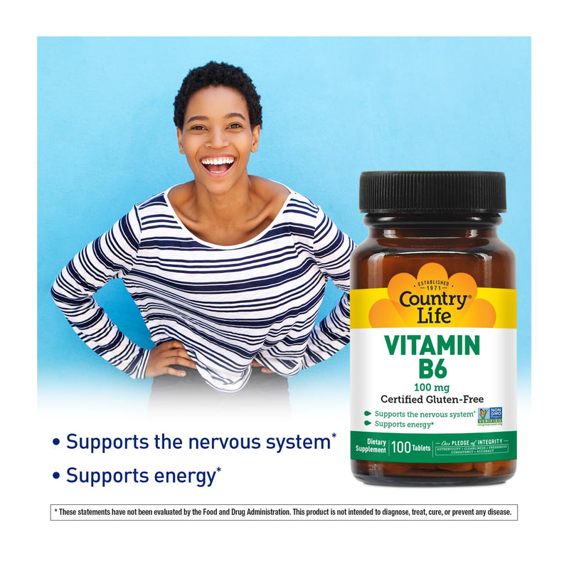 Country Life Vitamin B6 100 mg, High Potency, 100 Tablets | Supports energy metabolism and nervous system function; vegan, gluten-free and Non-GMO Project Verified B-6 Unflavored 100 Count (Pack of 1)