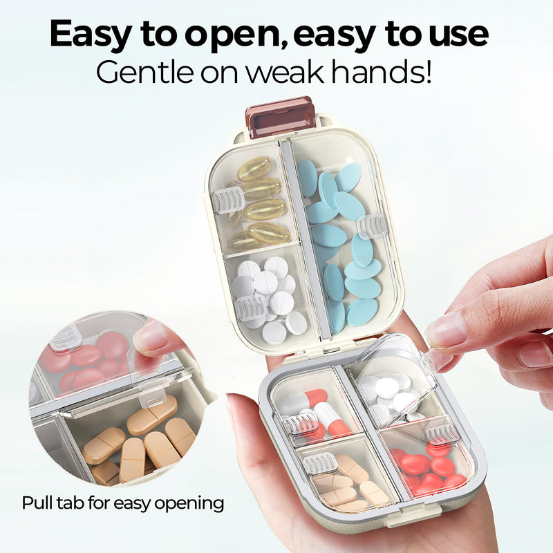 7 Compartments Travel Pill Organizer, Foldable Portable Airtight Daily Pill Box, Compact Pill Case for Purse & Pocket, BPA-Free Medicine Organizer for Vitamins Fish Oil Supplements (White) White Small