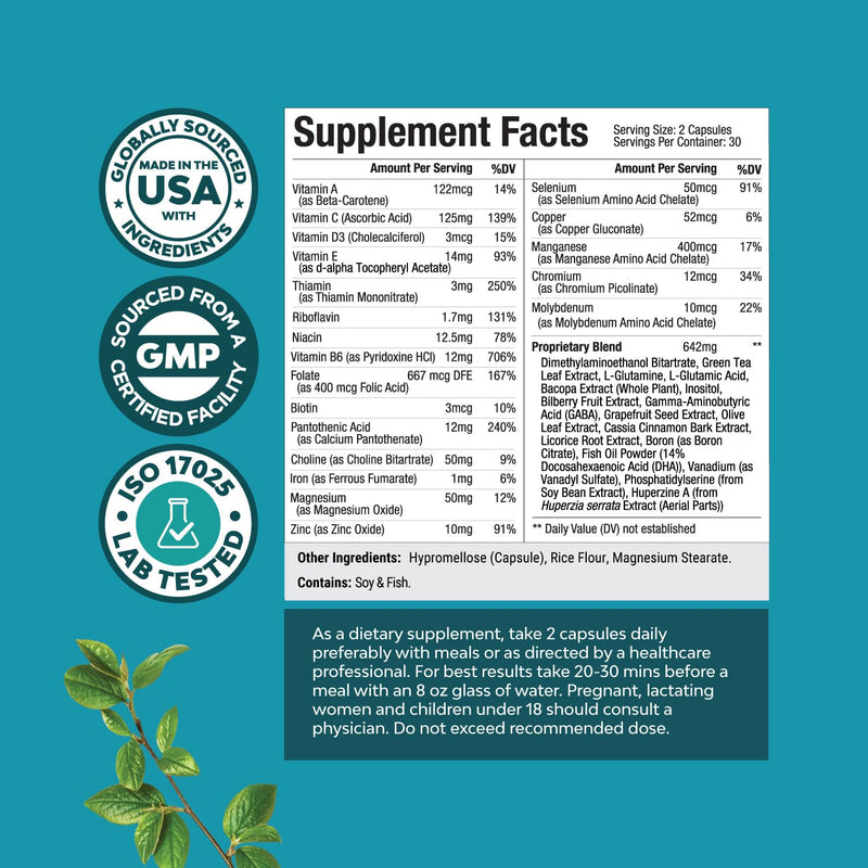 [Australia] - Natural Mind and Memory Supplement for Increased Mental Performance and Clarity Supports Brain Function Made with Pure Green Tea Extract DMAE Bitartrate and Vitamins 60 Capsules by Natures Craft 