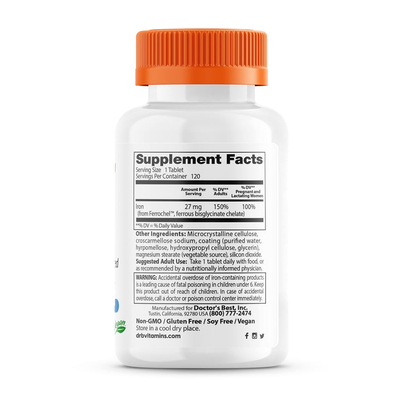 [Australia] - Doctor's Best High Absorption Iron Tablet with Ferrochel, Gentle on The Stomach, Immune Health, Blood Health, 27 mg 120 Count (Pack of 1) 