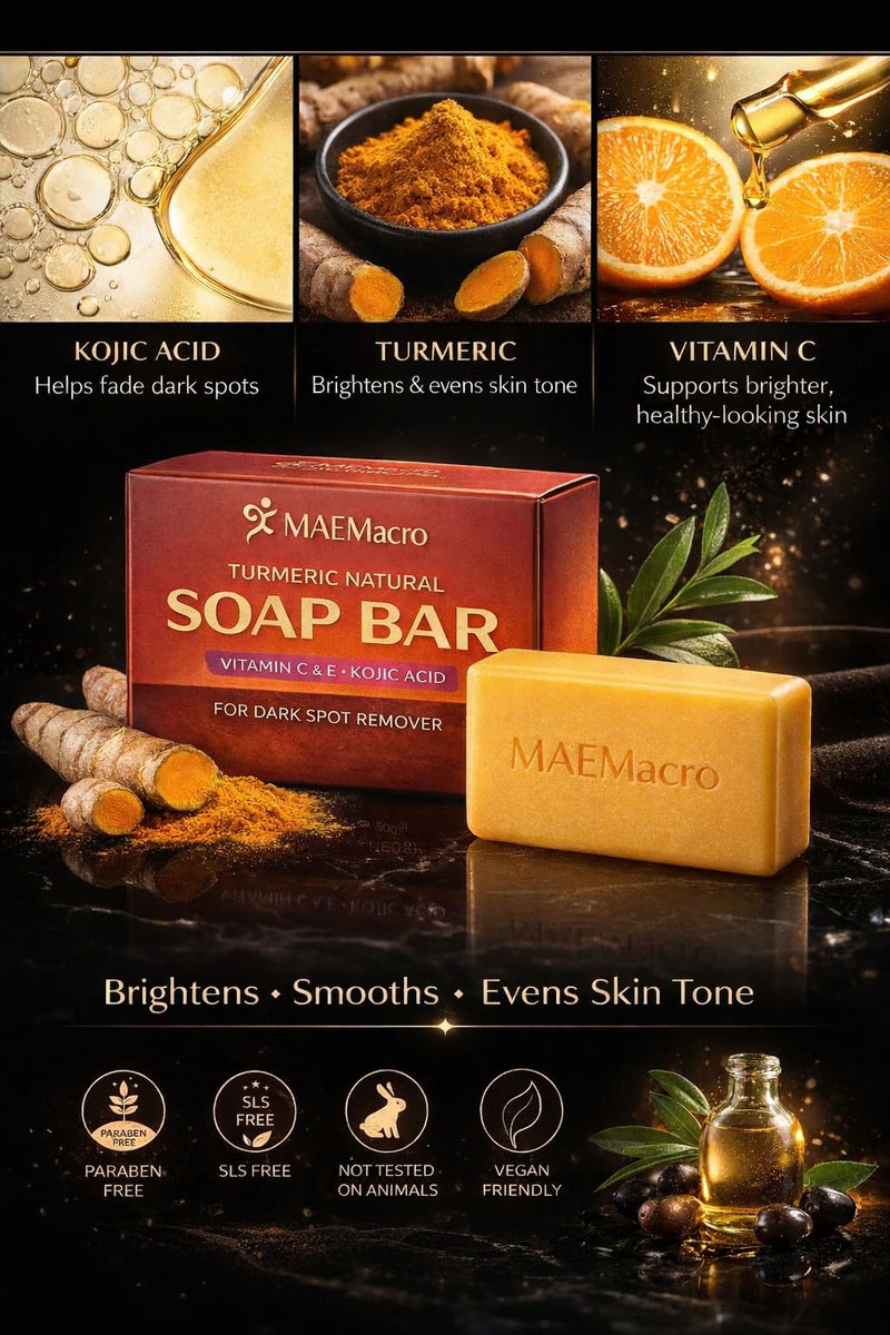 MAEMacro Turmeric & Kojic Acid soap bar with Vitamin C, Retinol, Collagen, Hyaluronic Acid, and Vitamin E | Reduce Dark Spots | Fine Lines, and Improve Skin Tone (2 Soap Bars)