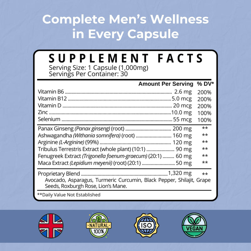 T-Boost 1000mg Men’s Performance & Recovery Formula – Natural Herbal Supplement with Ginseng, Maca, Ashwagandha – Supports Energy, Strength & Endurance – Vegan & UK Made – 30 Capsules