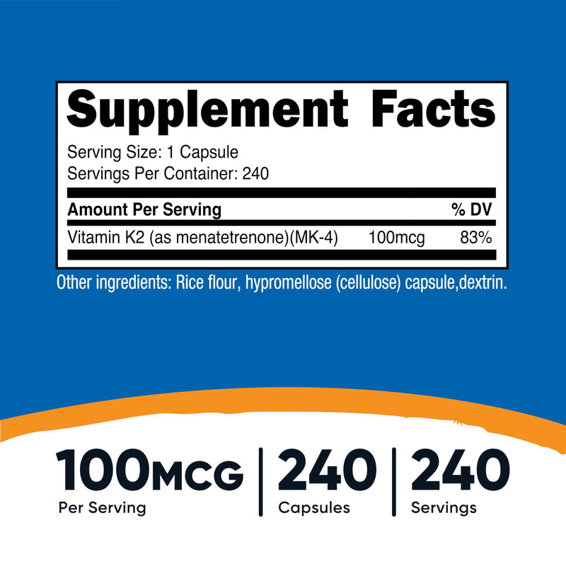 Nutricost Vitamin K2 (MK4) 240 Capsules (100mcg) - Gluten Free and Non-GMO (Pack of 2) 240 Count (Pack of 2)