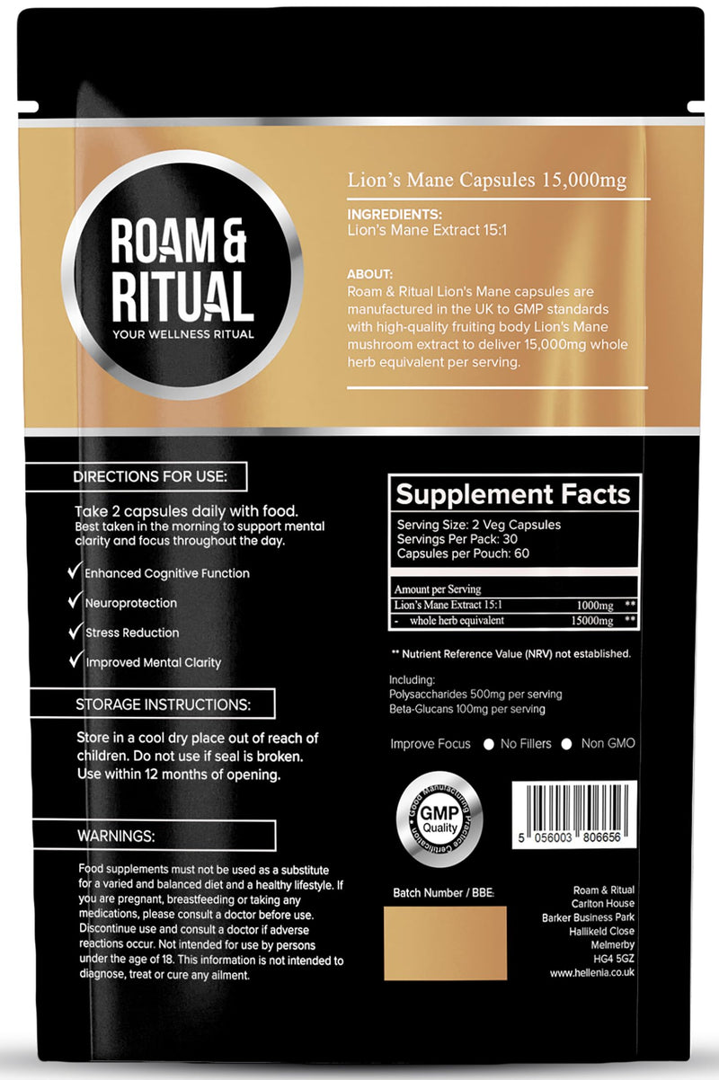Lions Mane Supplement 15,000mg | High-Strength Fruiting Body Extract | Lion's Mane Mushroom 15:1 Extract for Focus & Mental Performance - 60 Capsules Made in the UK by Roam & Ritual™