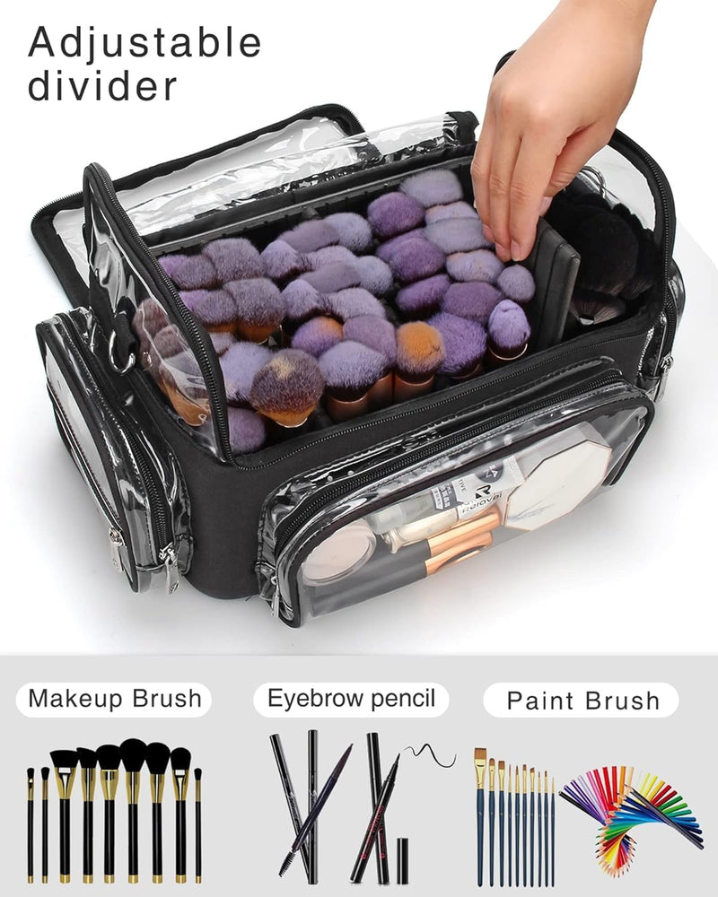 TANTO Makeup Brush Case, Clear Extra Large Cosmetic Organizer Holder Professional Makeup Artist Train Case with Adjustable Dividers&Strap Portable Makeup Brush Holder (02A-Black（XX Large）) A3-Black-Clear Style XX-Large