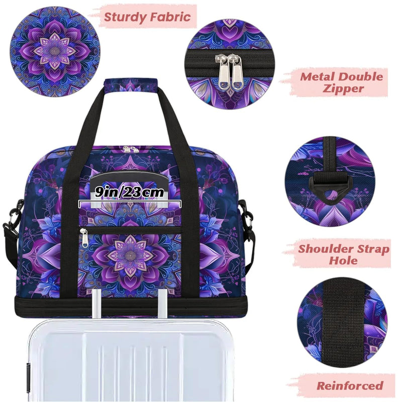 Travel Duffle Bags With Shoes Compartment for Women Men Purple Mandala Lightweigh Sports Tote Gym Bag Boho Flower Foldable Canvas Weekender Overnight Carry On Luggage Handle Bag B03:Purple Mandala