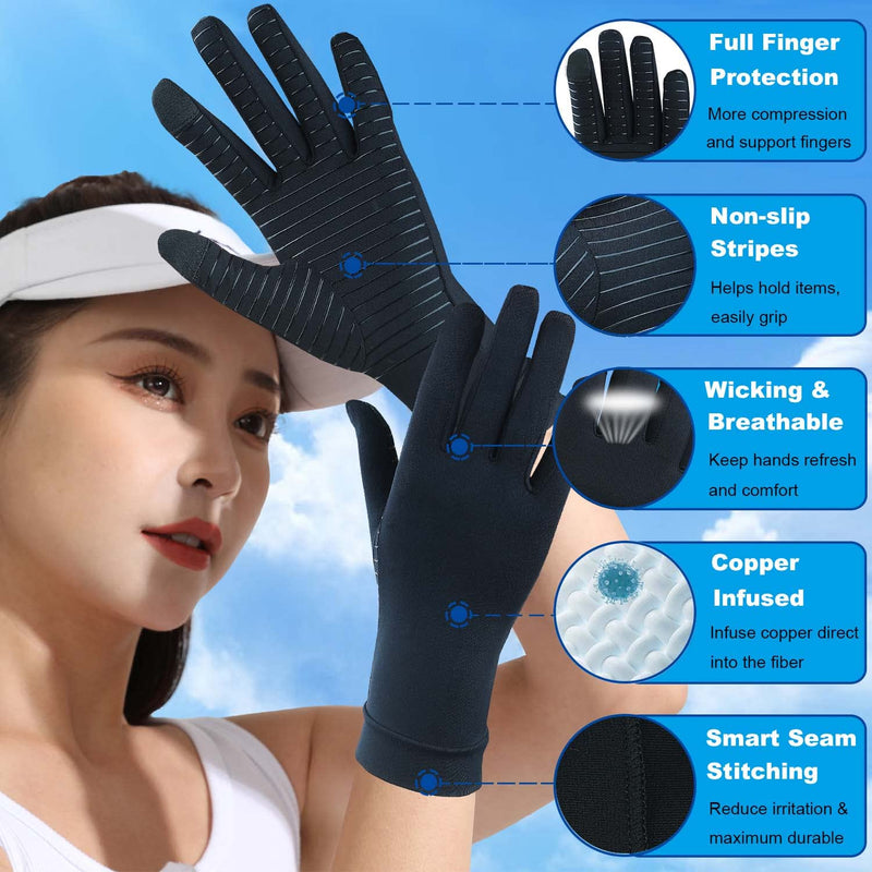 2 Pairs Full Finger Copper Arthritis Compression Gloves with Touchscreen Tips. Relief for Hand Pain, Carpal Tunnel, Rheumatoid, Inflammation, Tendonitis, Trigger Finger, RSI, Fit for Men Women (M) Medium Black