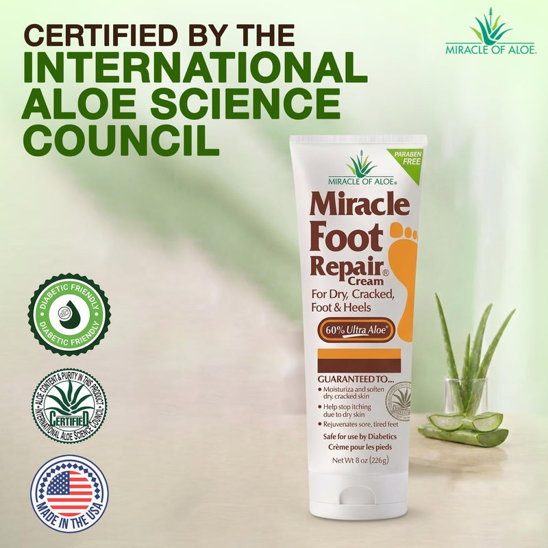 Miracle Foot Repair Cream, 8 Oz 2 Pack, For Dry Cracked Heels & Feet | 60% UltraAloe Aloe Vera Foot Moisturizer, Non Greasy Fast Absorbing Cream For Rough Dry Skin, Calluses & Night Care 8 Ounce (Pack of 2)