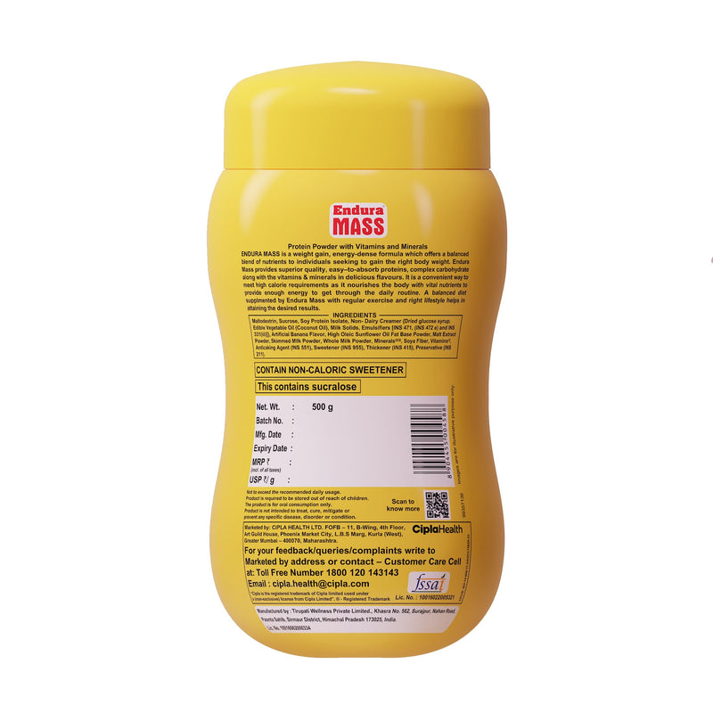 Endura Mass Weight Gainer Powder 500g Banana Flavour | Unique blend of 3 Sources of Protein, Carbs, Vitamins & Essential Minerals | Ideal for Children Above 10 Years, Men, Women & Athletes