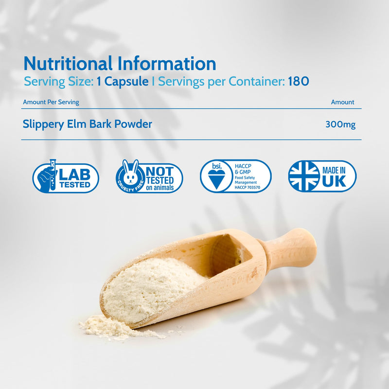 Health4All Slippery Elm 300mg 180 Capsules, Digestive Health & Acid Reflux Support. Vegan Digestive Support Supplement, Ulmus Rubra Inner Bark Powder, Stomach Soothe, Gluten Free | Made in UK 180 count (Pack of 1)