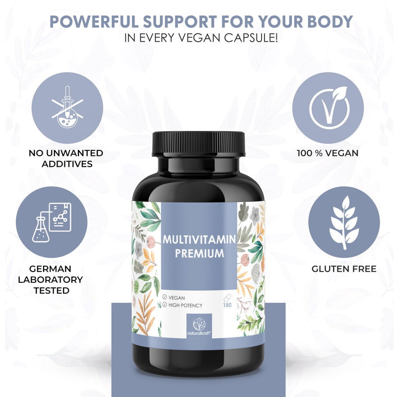 Premium Multivitamin – High-Dose A–Z Complex | 180 Vegan Capsules with Essential Vitamins & Minerals including Vitamin C, D3, B12, Zinc, Magnesium & OPC – Developed and Lab Tested in Germany