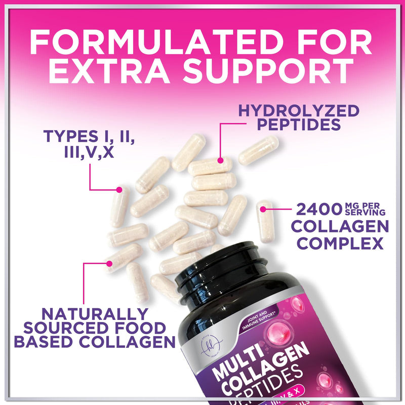 Multi Collagen Peptides - Hydrolyzed Collagen Types I, II, III, V, X - Best Hair, Skin, Nail & Joint Support for Women - Complete Collagen Peptide Supplement - Non-GMO, Bottled USA - 60 Capsules 60 Count (Pack of 1)