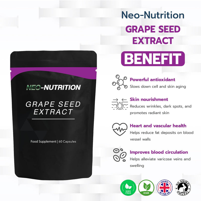 Organic Grapeseed Extract 25,000mg - High Strength 50:1 Extract - 60 Vegan Capsules - Resealable and Recyclable Pouch Neo Nutrition