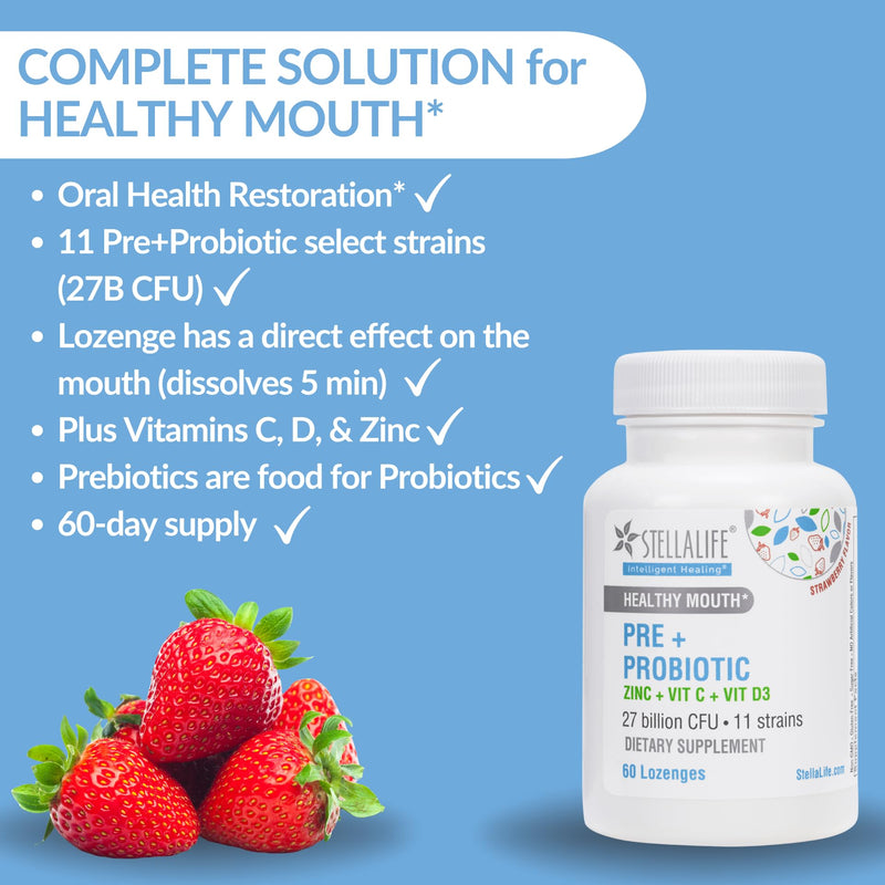 StellaLife Oral Prebiotic & Probiotic Lozenges for Teeth and Gums – 27B CFU, 11 Strains, Dental Probiotic for Bad Breath, Immune Support with VIT C, D3 & Zinc (Strawberry Flavor) 60 Day 60 Count (Pack of 1)