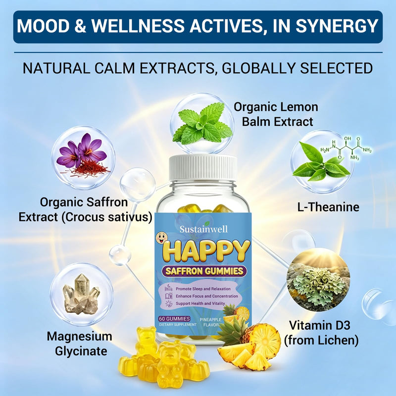 Happy Saffron Gummies for Kids & Adults Organic Saffron Extract with Magnesium Glycinate Vitamin D3 L-Theanine, Calm Mood, Sleep Support, Focus & Vitality Sugar Free, Vegan Pineapple Flavor, 60 Counts