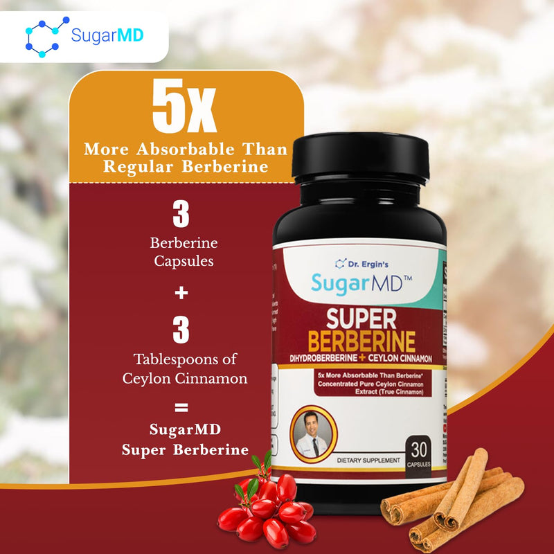 [Australia] - SugarMD Super Berberine Supplement – 250mg GlucoVantage Dihydroberberine with 4000mg Ceylon Cinnamon - 5X More Effective Than Regular Berberine – 30 Capsules (30 Day Supply) 