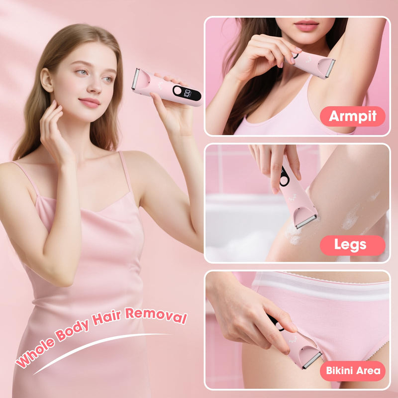 [Australia] - Bikini Trimmer for Women, Painless Pubic Hair Trimmer for Armpit Leg Arm Body Private Area,Rechargeable Womens Electric Razors Shaver LED Light Ceramic Blade IPX7 Waterproof Wet/Dry LCD Display,Pink Pink 